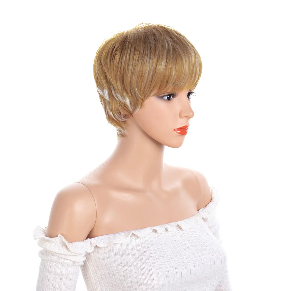 Women's Daily Short Straight Hair Synthetic Wig Air bangs Brown white mixed color High quality high temperature fiber material