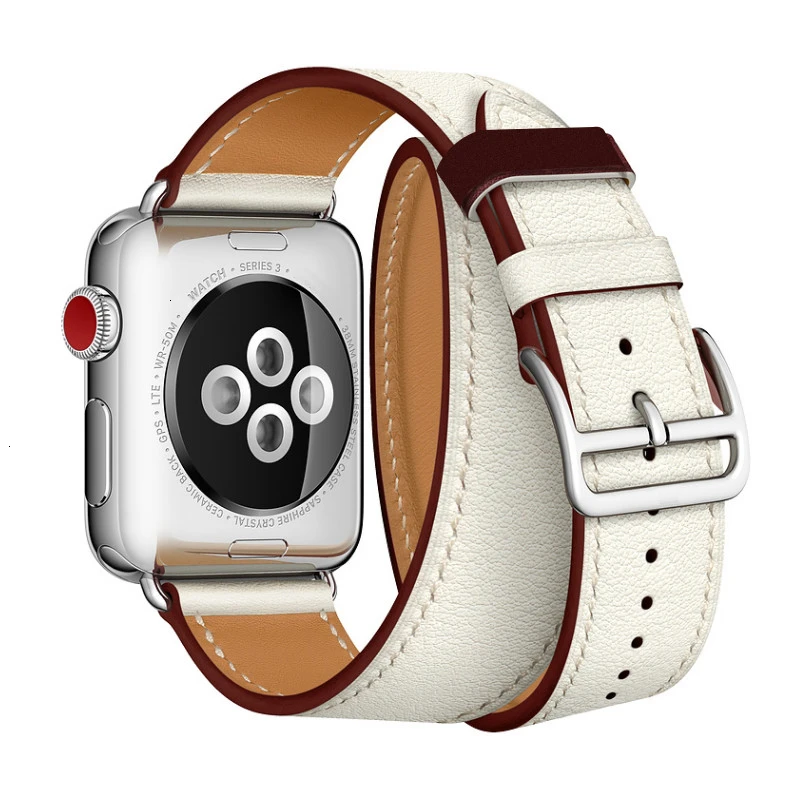 Коровья кожа двойной тур ремешок для Apple Watch 5 Группа 44 мм iwatch серии 4 3 2 1 42 мм петля 38 мм Браслет замена 40 мм сталь - Band Color: Ricewhite wine red