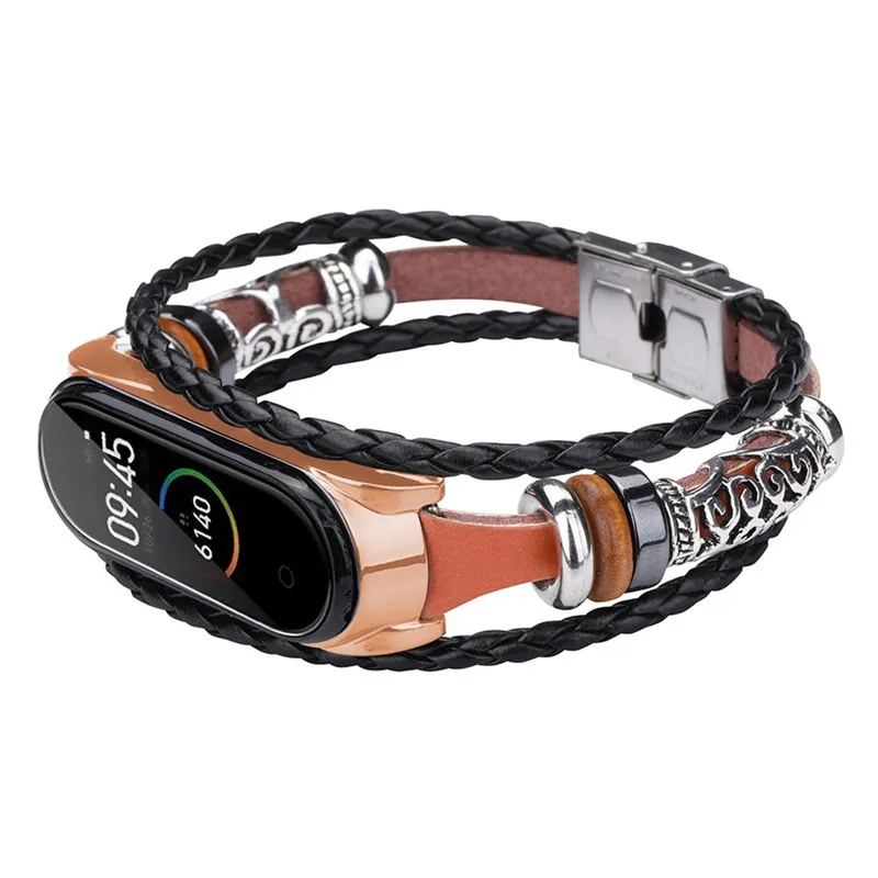 Смарт-аксессуары ремешок для Mi Band 4 Кожаный браслет с бисером металлический чехол