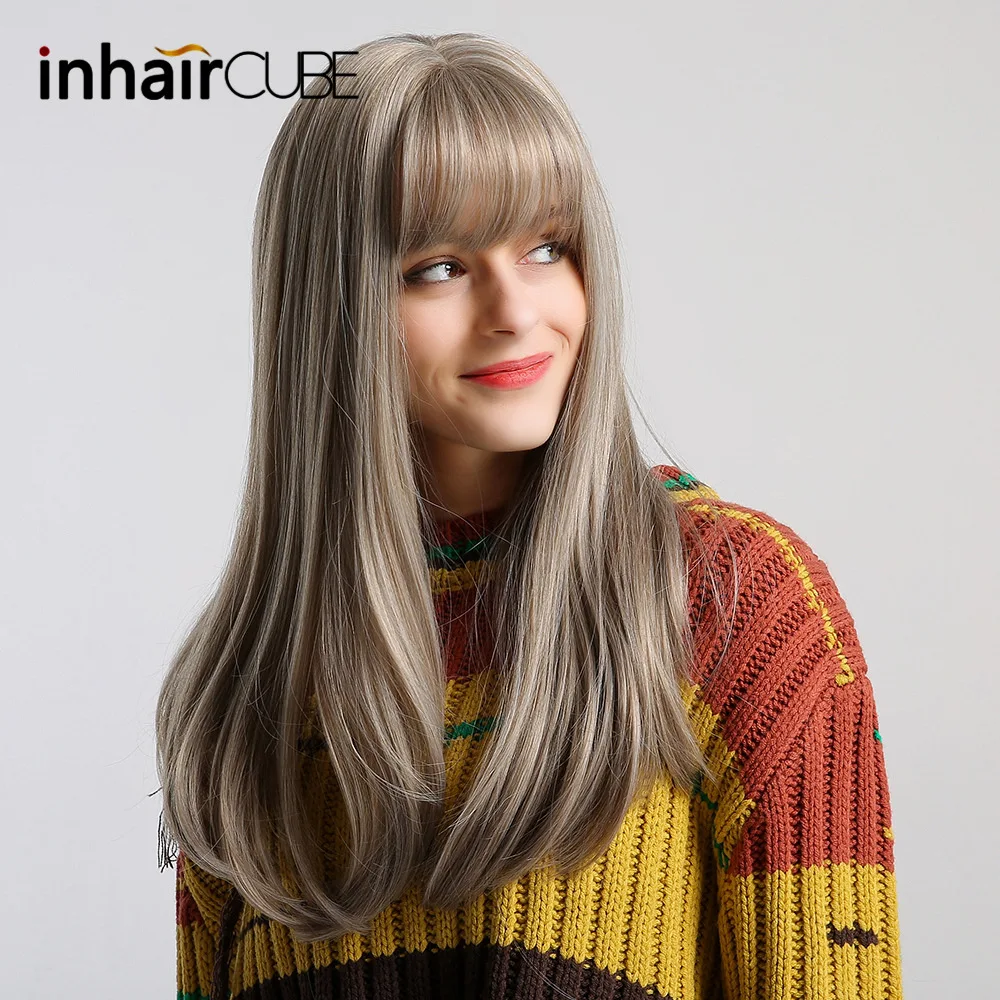 

Inhaircube 18" Long Straight Ombre LIght Brown Mixed Color Synthetic Hair Wigs with Bangs for Womens Cosplay Daily Use Half Wig