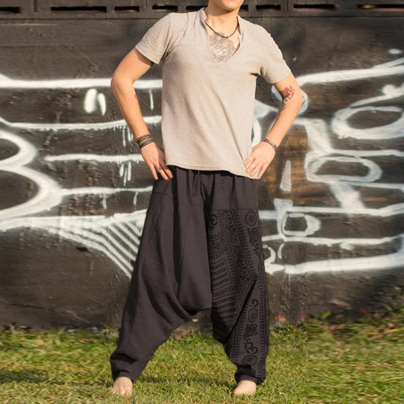 Новинка, M-5XL, для мужчин, Boho, мешковатые, хиппи, с заниженным шаговым швом, летние, для мужчин, шаровары, повседневные, с эластичной резинкой на талии, брюки, пять цветов