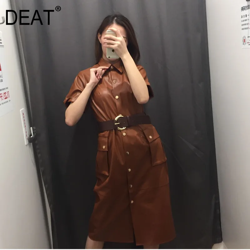 

DEAT 2020 Autumn New Women's Fashion Wild Thin Lapel Single-breasted Short-sleeved Belt Imitation Leather Dress 19F-a246