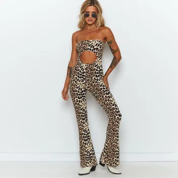 

women flare jumpsuits rompers halter backless leopard print wide legs long party casual jumpsuit