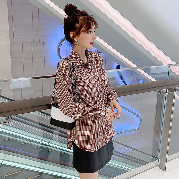 

COIGARSAM Preppy Style Shirt Womens tops New Spring Vintage Korea Style Office Lady Plaid Loose Women shirts Brown Green 125