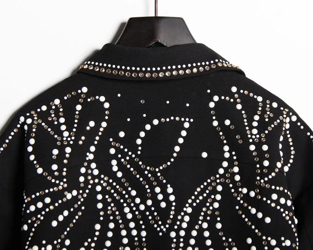 Европейский роскошный лист алмазы пальто с заклепками для женщин осень мода уличная куртка с отложным воротником с длинным рукавом черная джинсовая куртка