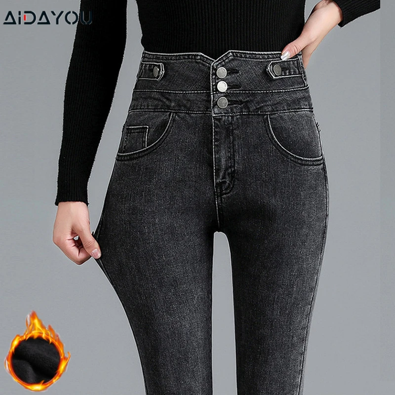 vaqueros de cintura alta para mujer, vaqueros de tiro ajustados, de lana y un solo botón, invierno y primavera|Pantalones vaqueros| - AliExpress