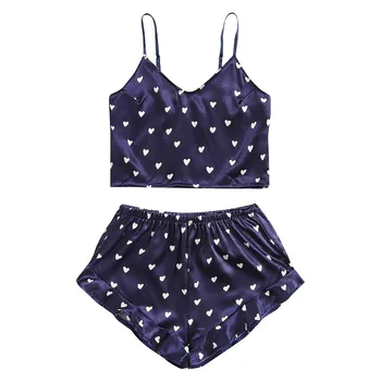

Women Heart Print Satin Camisole Pajamas Ruffled Flounce Shorts Lingerie Set Low Waist Paded Swimsuit Biquini 2020 New #cjh