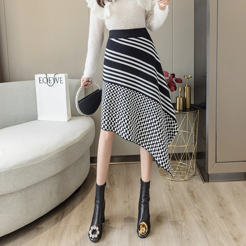 

2021 New Autumn And Winter Knitted Irregular A-Line Skirt Women Fashion High-Waist Knee-Length Ladies Skirt All-Match