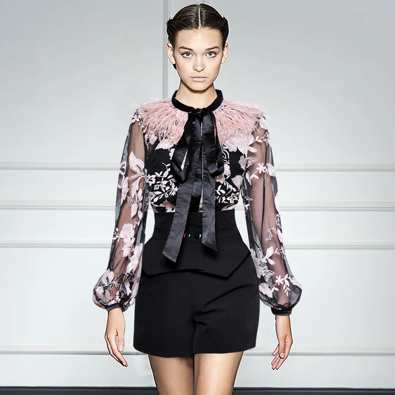 

Luxury Runway Women Set Two Piece Women Fashion Designer Vintage Feather Tassel Floral Embroidery Blouse + High Waist Shorts