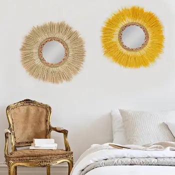 

Hanging Wall Mirror Art Decoration Makeup Mirror Boho With Fringe Retro Decorative Wheat Ear Mirror For Bedroom Living Room