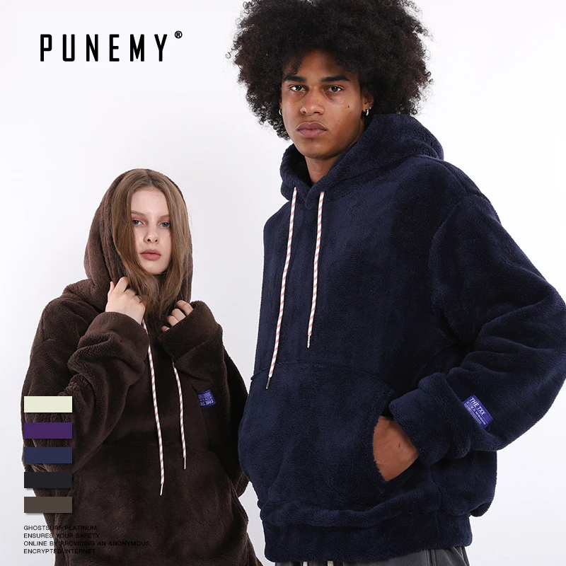 

Hip Hop Streetwear Men Hoodies Lamb Cashmere Cotton Harajuku Retro Solid Oversize Hooded Warm Pullover Leisure Man's Hoodies