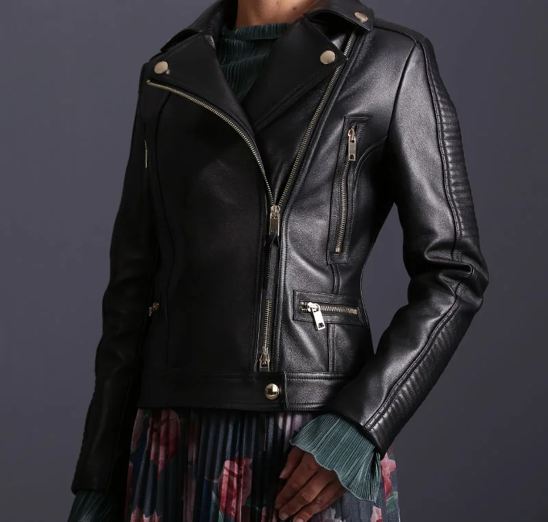 

Woman Black Real Leather Biker Jacket Lapel collar with Snap Button Zipper front long sleeves with channel quilted detail