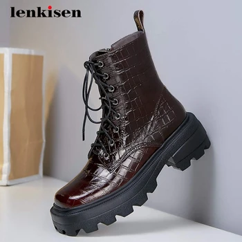 

Lenkisen korean girls natural leather stone pattern classic colors square toe thick high heel zipper punk rock ankle boots L6f2