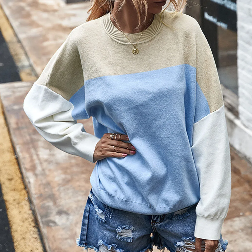 

Winter Autumn 2020 New Trendy Fashion Knitted Tops Color Block Sweater Women Casual Loose Pullover Basic Sweaters OL Clothes