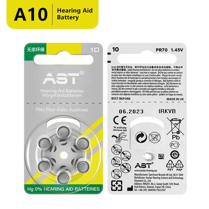 Высококачественные батареи для слуховых аппаратов AST A10 10A ZA10 10 S10 PR70 60 шт. цинковая