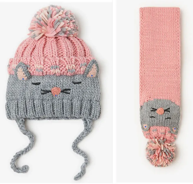 Новинка года; вязаная шапка и вязаный шарф с изображением животных для маленьких девочек; комплект из 2 предметов - Цвет: Розовый