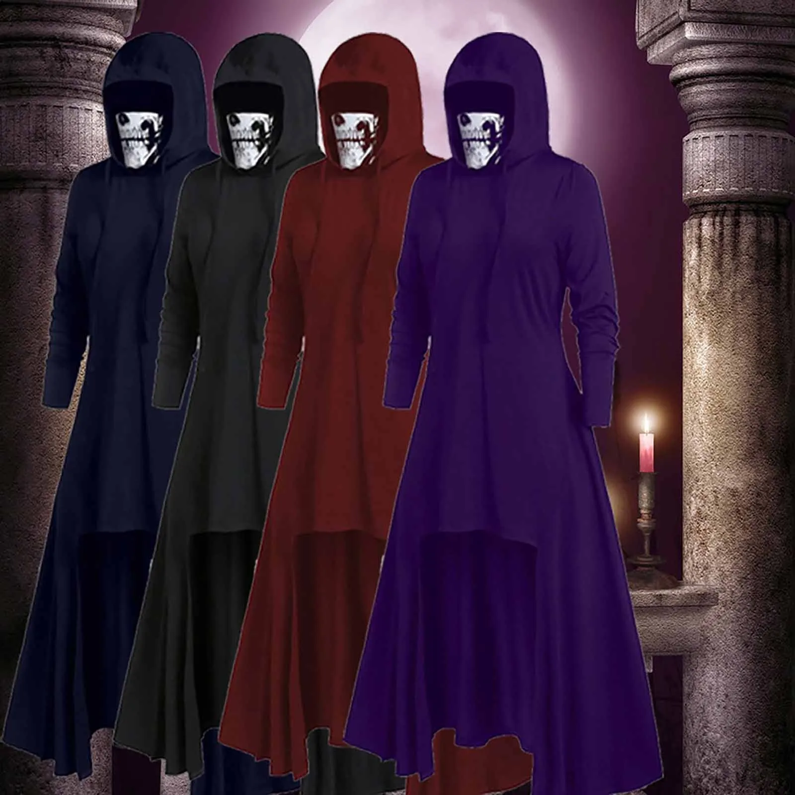 Women Mask Skull Pure Color Pullover Long Sleeve Hooded Tops Blouse Dress for Halloween Cosplay Party retro Vestido new Женский 2