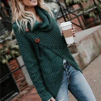 

Women Knitted Sweater Long Sleeves LADY Irregular Hem Button Loose Tops for Autumn