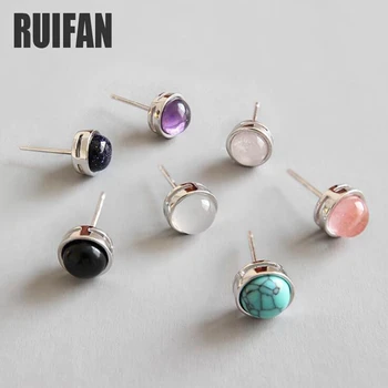 

Ruifan Round Natural Gemstone Crystal Agate Amethyst 925 Sterling Silver Stud Earrings for Women Female Korean Earring YEA256