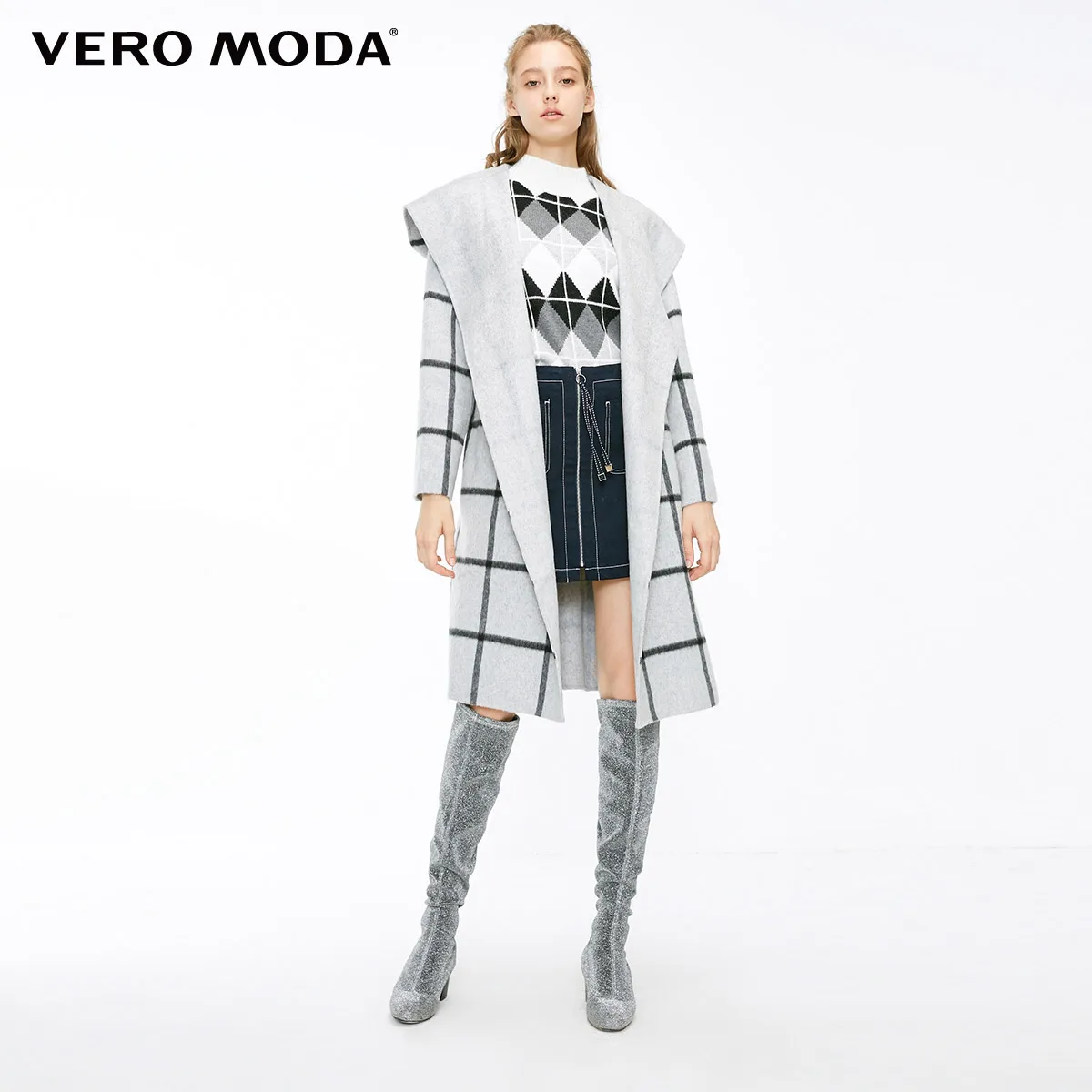 Vero Moda женское 64% шерстяное клетчатое Двустороннее пальто с капюшоном |
