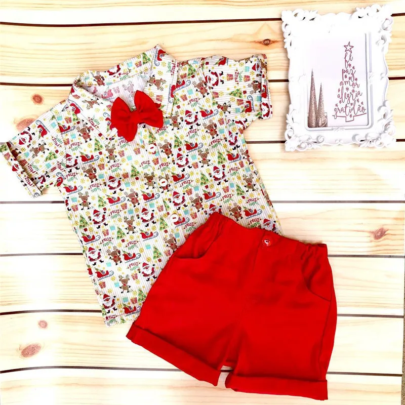 CANIS/повседневная детская одежда для малышей; рождественские футболки с короткими рукавами и бантом с рисунком для мальчиков+ шорты или штаны; одежда