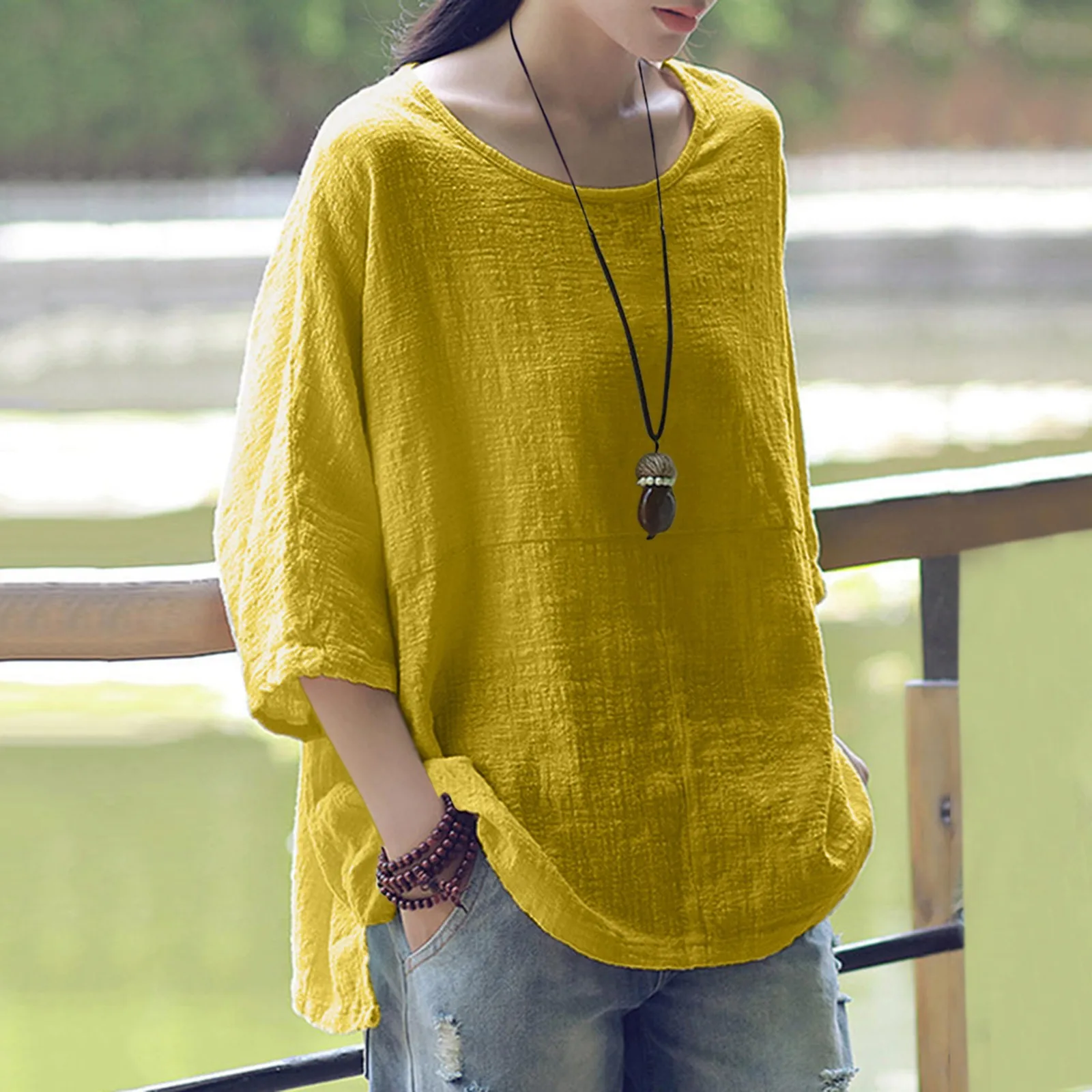 Franterd Women Casual Linen Blouse Solid Plus Size V-Neck Button Tunic Tops T Shirt More Colors 8 Size S-5XL 