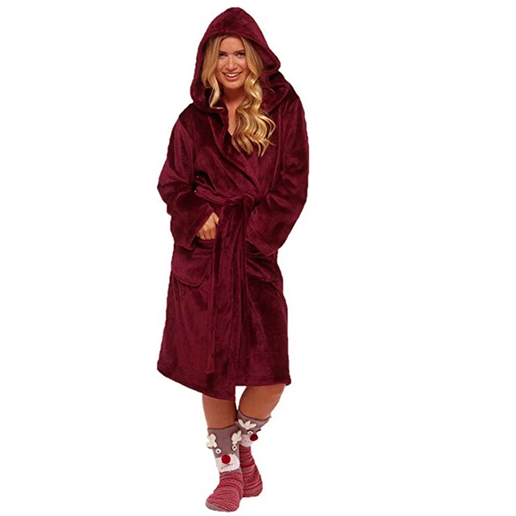 Ночное платье, женский халат, хлопковый Халат, женский зимний удлиненный коралловый плюшевый халат, халат с длинными рукавами, халат, пальто - Цвет: Красный