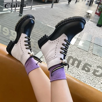 

CIALISA Chunky Ankle Boot Patchwork Autumn Women Fashion Lace Up Motorcycle Fashion New Design Women Chunky Shoes