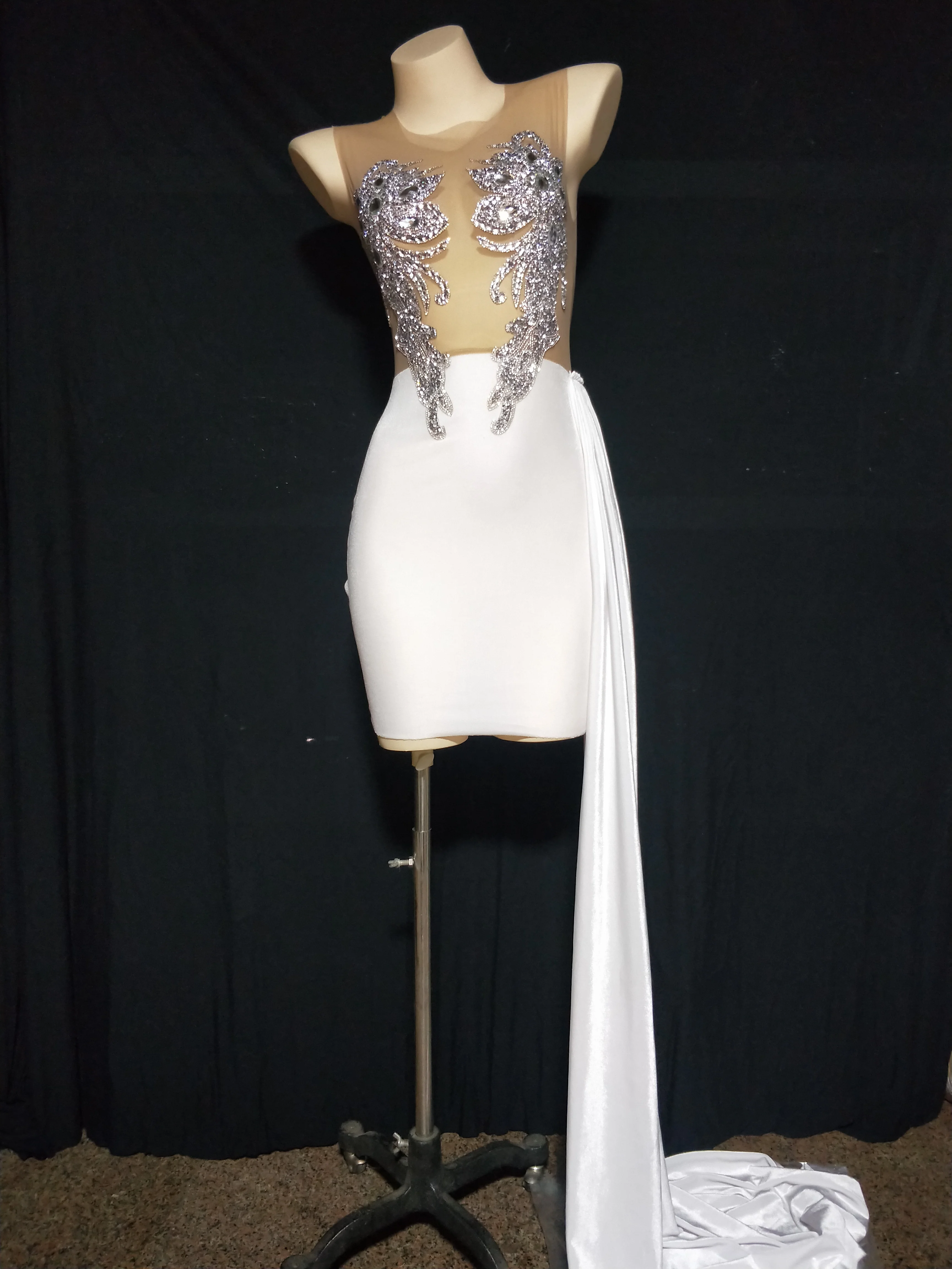 Flashing Silver Rhinestone Pink Velvet Transparent Dress Birthday Celebrate Long Train Outfit Women Dancer Prom