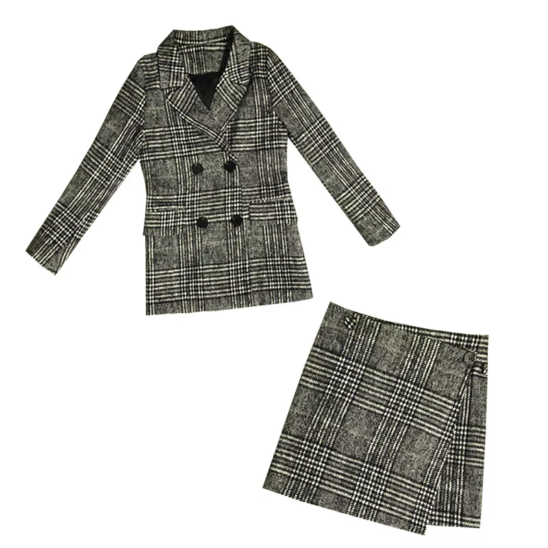 

Vintage Double-breasted Woolen Plaid Women Jacket With Short Irregular Skirt Suits Two Piece Womens Clothing Sets