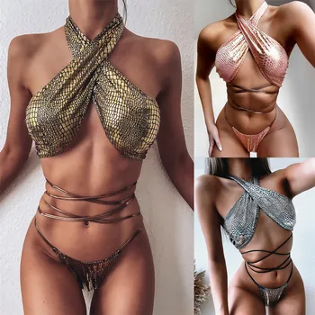 

KUKAKEY Sexy Snake Print Biniki Set Cross High Neck Beachwear Bathing Suit String Waistband Thong Swimwear Swimming Suit Biquini