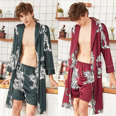 

New silk pajamas summer men shorts nightgown home service two-piece suit / animal pattern man two-piece pajamas