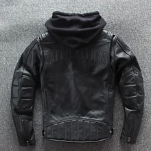 Черный Мужской капюшон Американский мотоцикл кожаная куртка размера плюс XXXXL натуральная Толстая воловья кожа Байкерская кожаная куртка