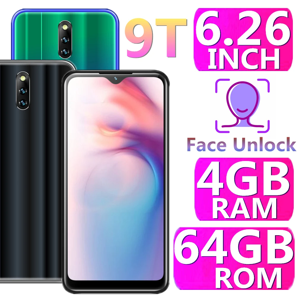 9T Android мобильных телефонов 4 грамма+ 64 гром с функцией распознавания лиц celular 19:9 дешевых мобильных телефонов разблокированные смартфонов