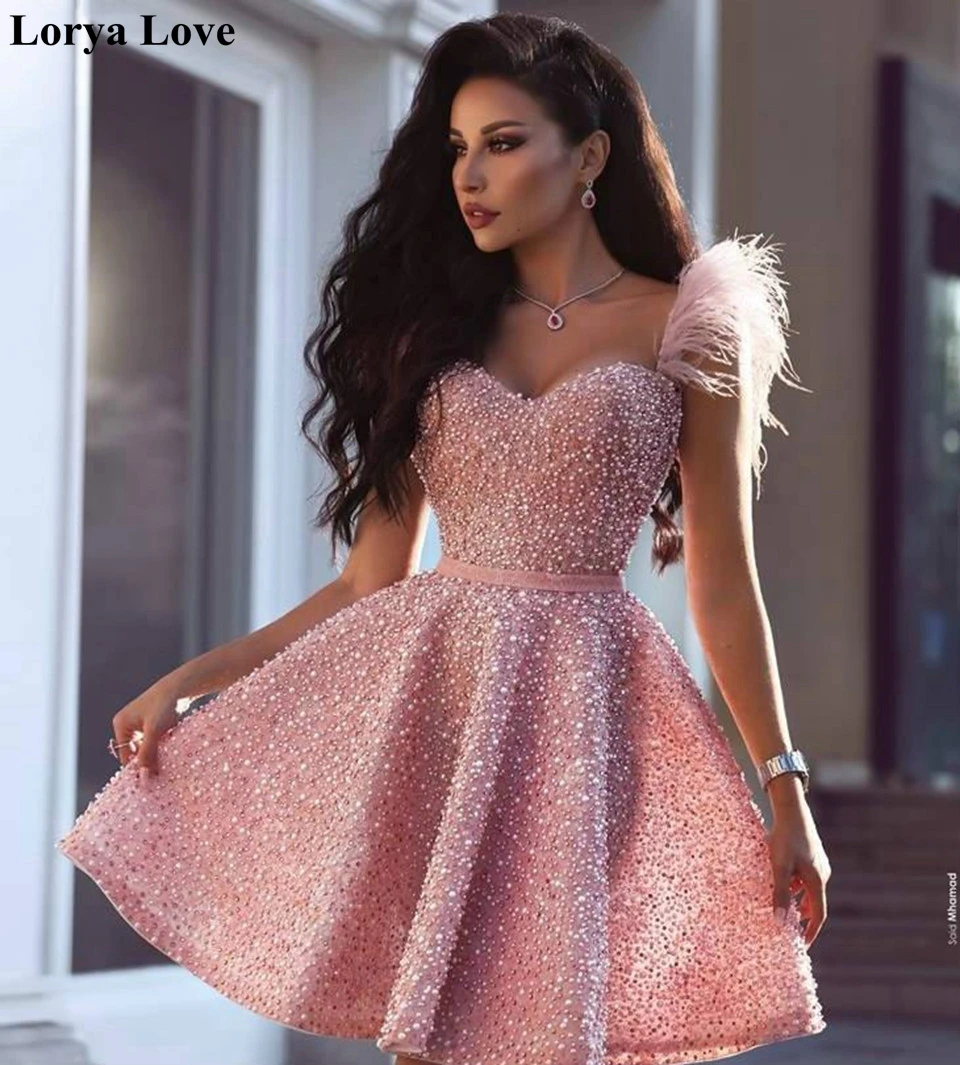 Vestidos de Cóctel de lujo rosa para Vestido corto de graduación con plumas de lentejuelas de cristal, vestidos de fiesta para mujer, nuevo vestido elegante de graduación 2022|Vestidos de cóctel| -