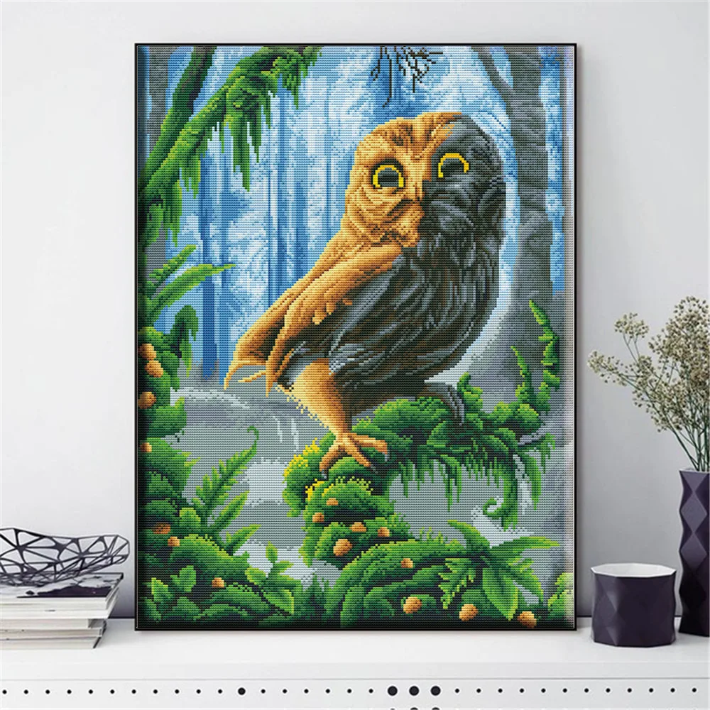 HUACAN Cross Stitch Embroidery Kits 14CT Owl Animal Cotton Thread Painting DIY Needlework Home Decoration