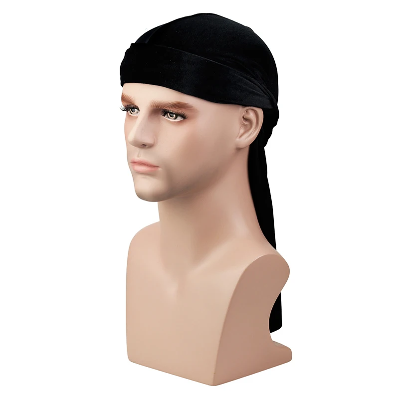 Новое поступление бархат с длинным шлейфом для девочек на Durag Для мужчин в стиле «хип-хоп» тюрбан Для женщин Кепка chemo дышащие мягкие однотонные Цвет пиратская шляпа банданы Головные уборы - Цвет: Черный