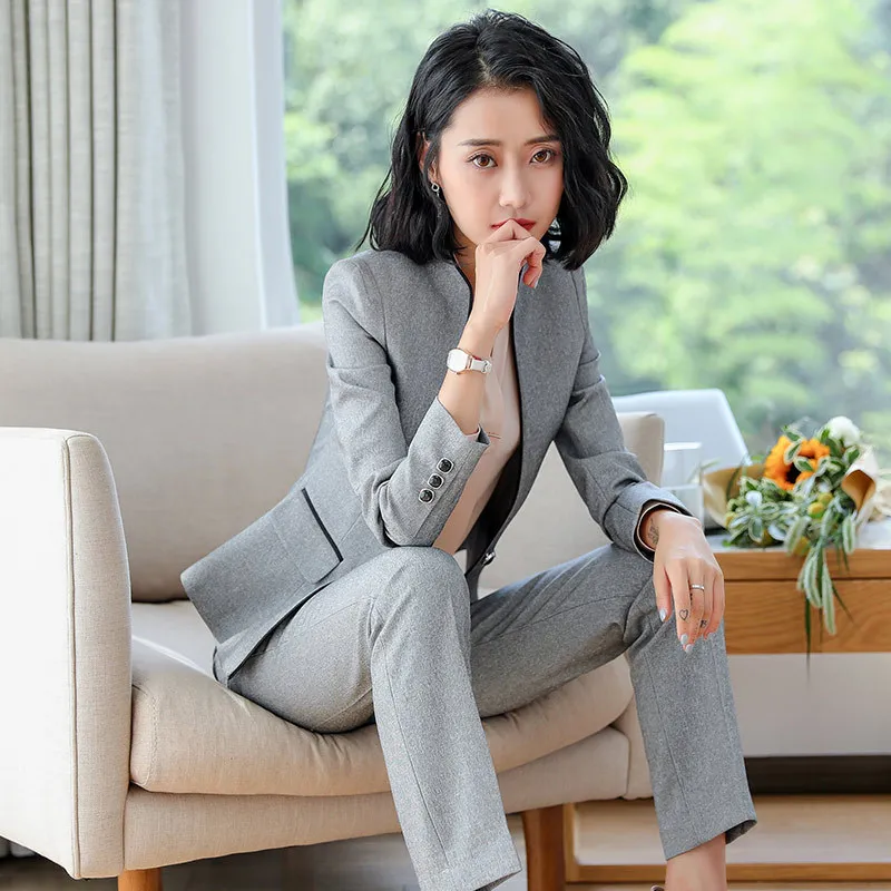 

Fashion women Business Pant Suits Uniform Formal Single buckle Jacket and Pant Black gray Blazer Set Woman OL 2 Pieces Suits
