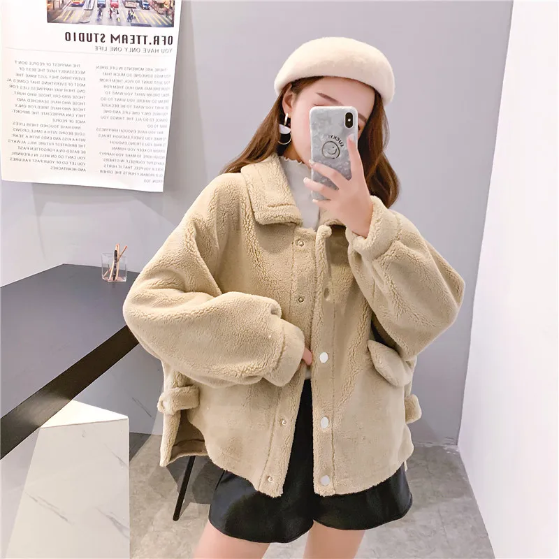 Autumn And Winter New Style WOMEN'S Dress Lambs Wool Knitted Sweater Coat Women's Short Loose-Fit Fold-down Collar Fur Over