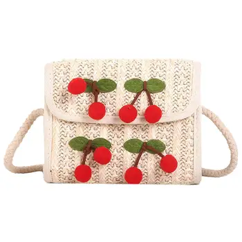 

Fashion Summer Beach Cherry Straw Weave Square Flap Women Crossbody Shoulder Bag