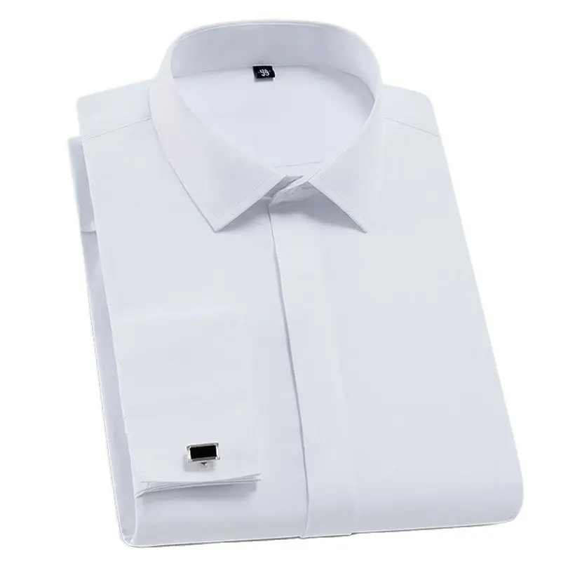 French Cufflinks covered button turndown collar long sleeve solid plain business men slim fit non-iron dress shirts dress shirts