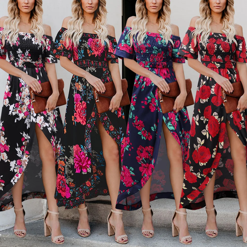 

Asymmetrical Woman Dress Short Sleeve Slash Neck Summer Ladies Midi Sundress Beach Floral Printed Party Female Dresses D30