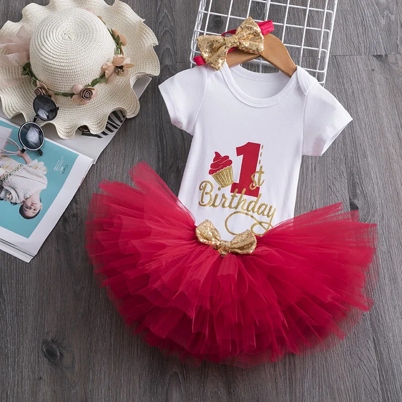 Одежда для маленьких девочек с блестками, 3 предмета одежда для первого дня рождения платья для маленьких девочек детское платье-пачка с повязкой на голову для дня рождения, 1 год - Цвет: red