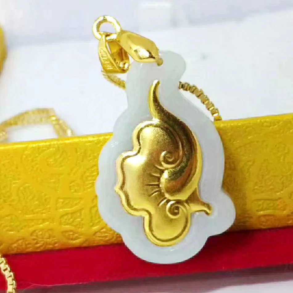 

Jadery Real Natural Jade Necklace Women Men Pure Solid Gold Wishful Pendant Gold Chain Long Necklace Jewelry Ladies Gifts 11.11