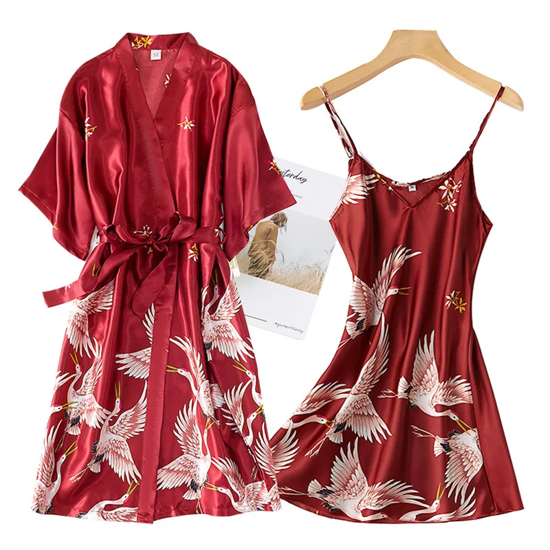 

Burgundy Women 2PCS Faux Silk Kimono Robe Gown Sets Sexy Print Crane Nightdress &Bathrobe Lingerie Nightgown Summer Sleepwear