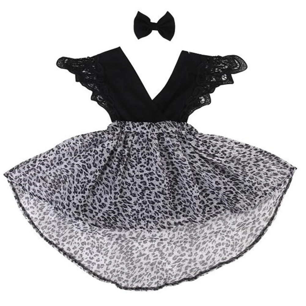 Детское летнее платье-комбинезон с леопардовым принтом для маленьких девочек кружевное комбинированное платье принцессы с рюшами на рукавах+ заколка для волос с бантом
