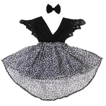 Детское летнее платье-комбинезон с леопардовым принтом для маленьких девочек кружевное комбинированное платье принцессы с рюшами на рукавах+ заколка для волос с бантом