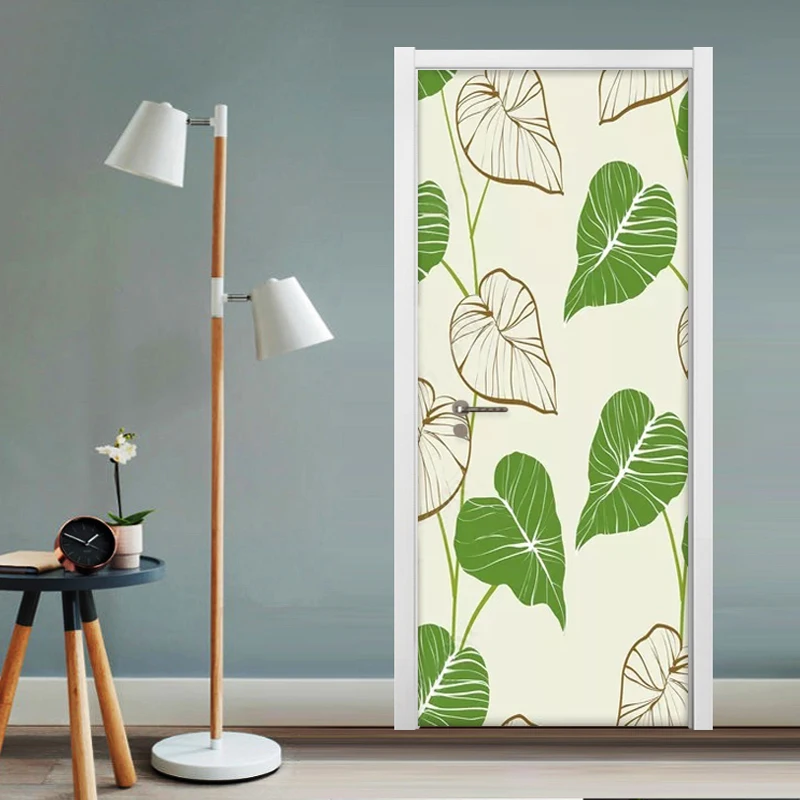 

3D Door Murals Home Design Modern Simple Abstract Green Leaf Door Sticker Kids Bedroom Living Room Vinyl Door Wallpaper 3D Decal