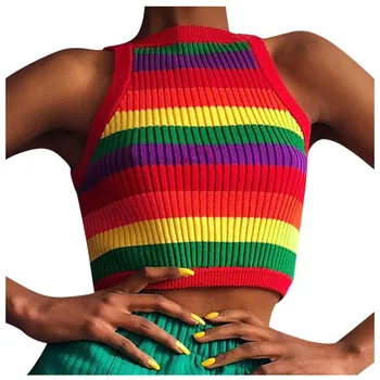 

2020 Summer Colorful Rainbow Stripes Tank Tops Sexy Sleeveless O Neck Knit Crop Top Women Clothes Vest Streetwear Fashion Top