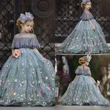 Новинка, цветастые платья для девочек кружевная Апликация с высоким воротом для девочек Праздничное Платье Пол Длина Бальные платья дешево